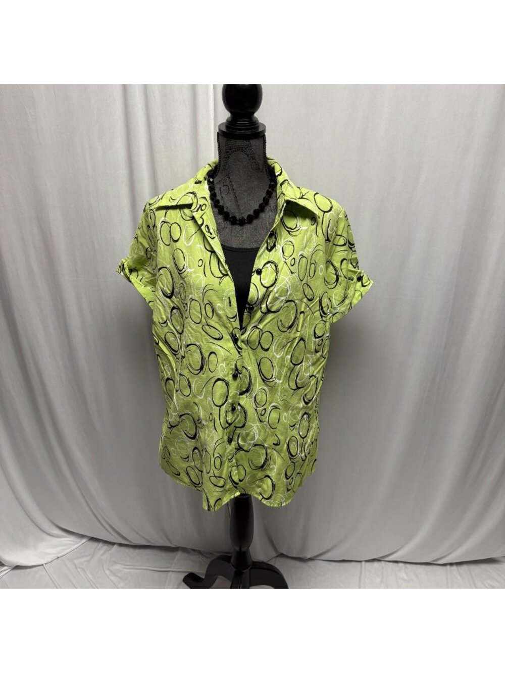 Dressbarn Layered Look Button Up Blouse Womens Sz 14-16 Green Black Short Sleeve